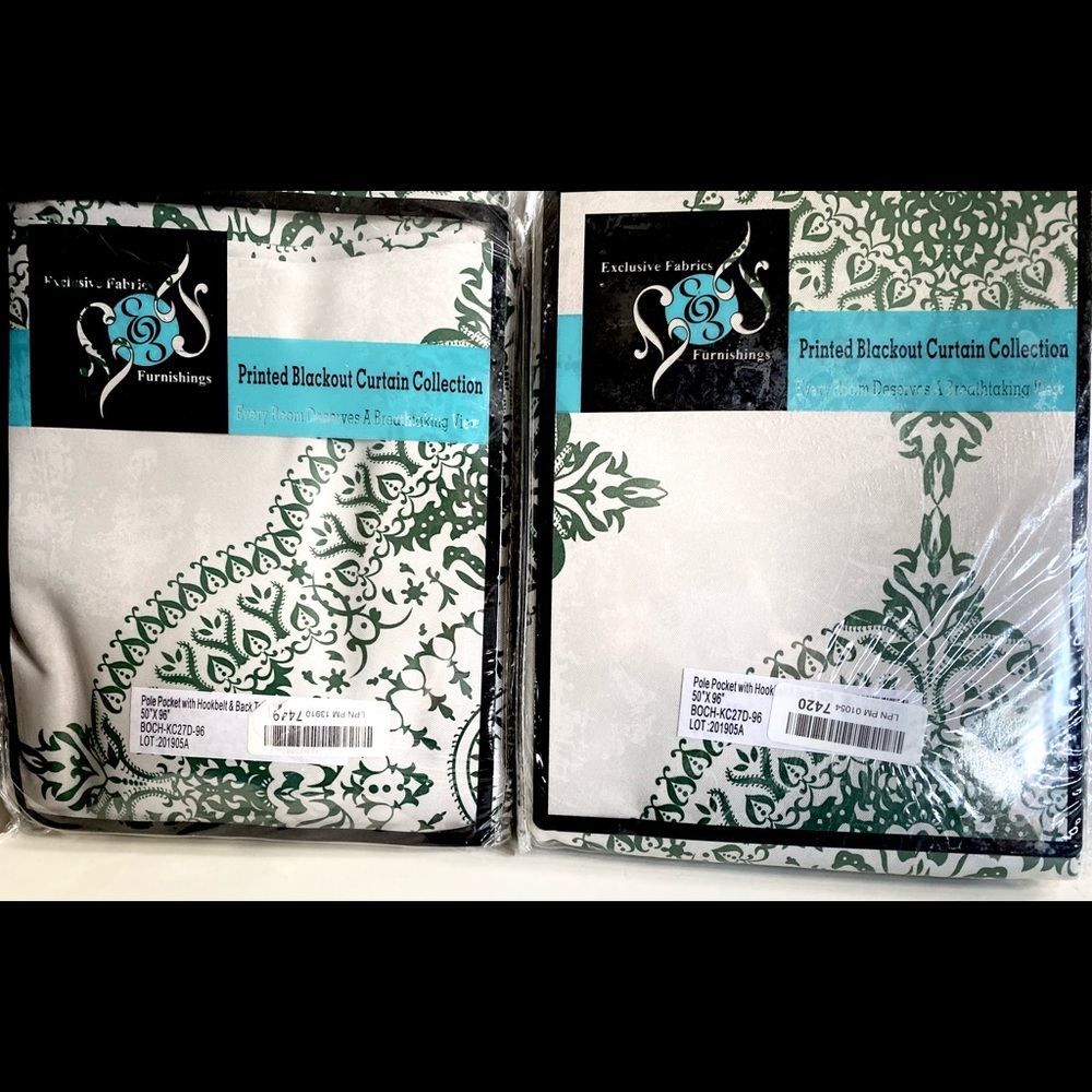 Ivory and dark green “Brand new blackout  curtains” from Amazon. 2 panels 50x96